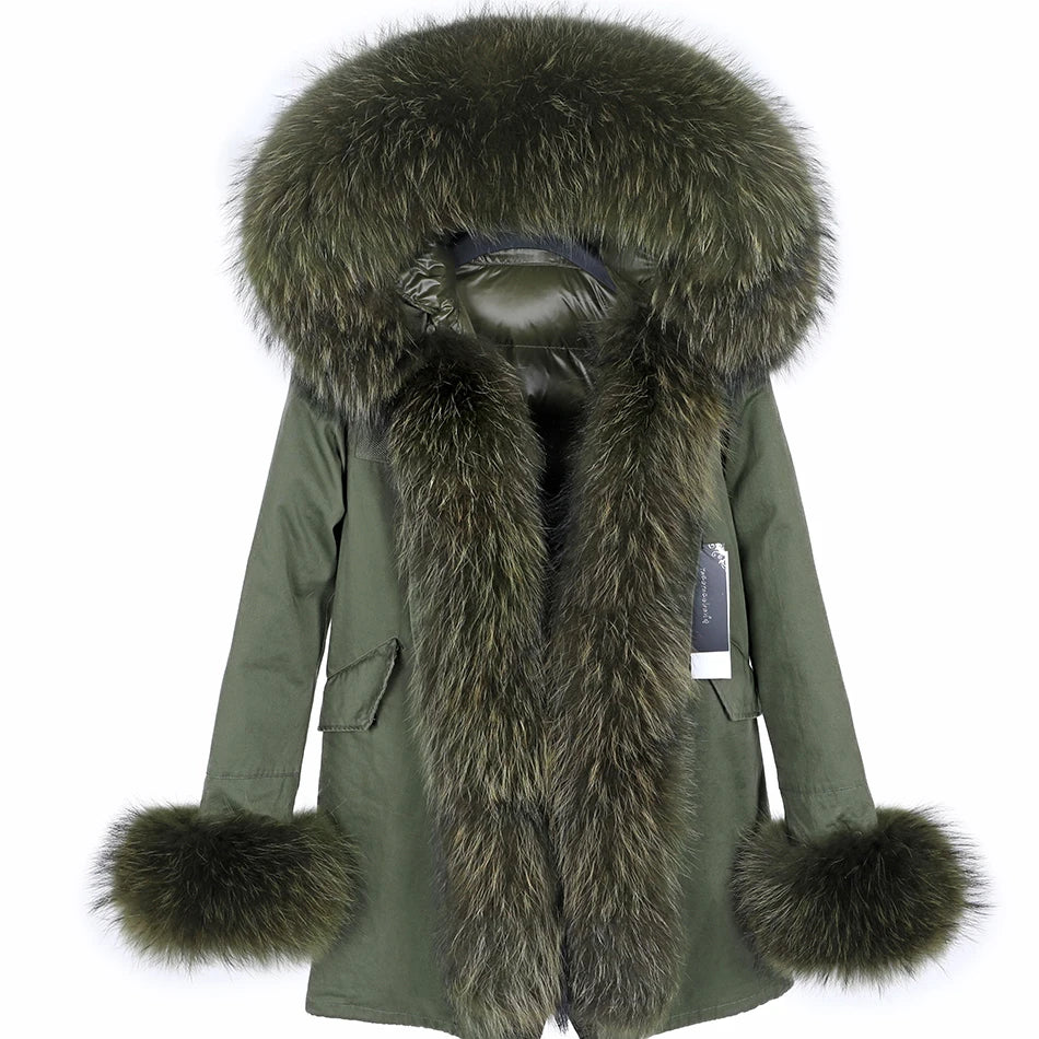 chic outerwearDuck Down Liner Real Fur Hooded Parka Long Coats