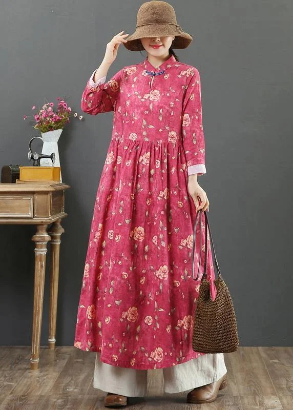 casual slip dressChic Stand Collar Cinched Spring Dresses Red Print Plus Size Dress