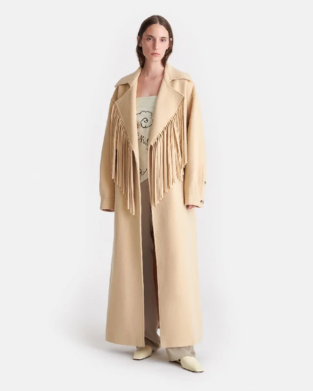 soft shell coatVilora - Fringed Double Wool And Silk Coat - Creme