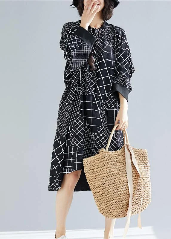 layered dressVivid Black Plaid Quilting Dresses O Neck Asymmetric Robe Spring Dress