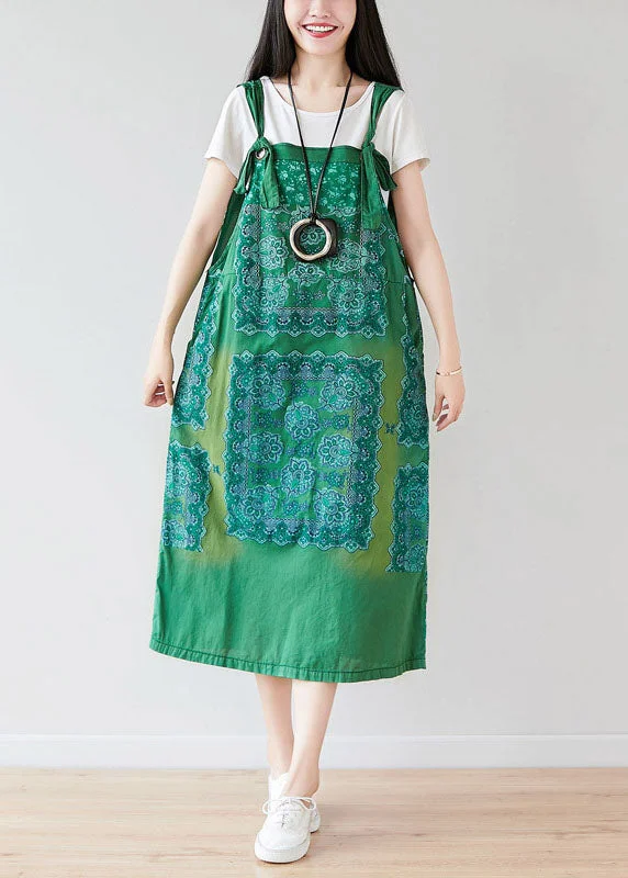 A-line dressVintage Green Oversized Print Cotton Strap Dress Spring