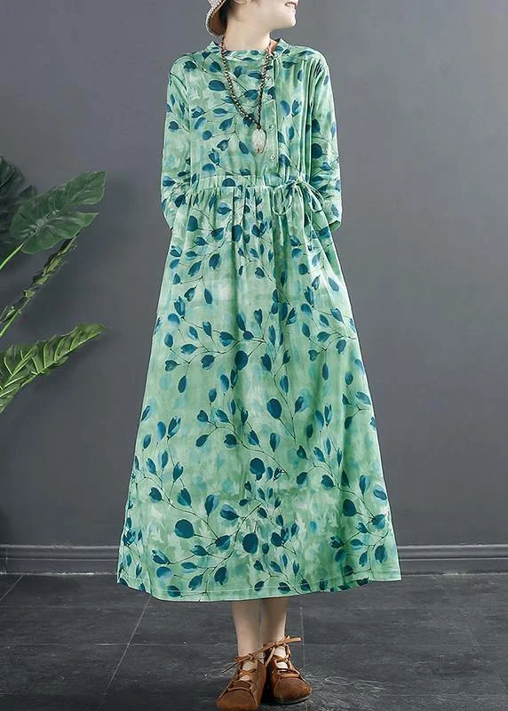 flowy evening dressNatural Drawstring Dresses Photography Green Print A Line Dress