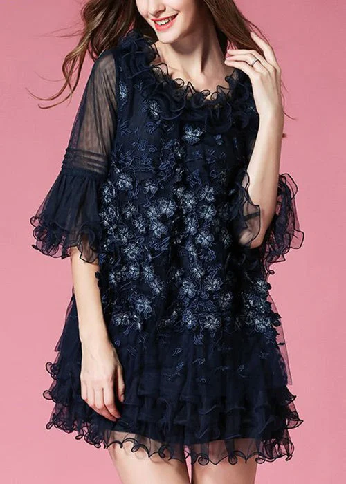 draped dressUnique Navy Ruffled Patchwork Tulle Mid Dress Half Sleeve