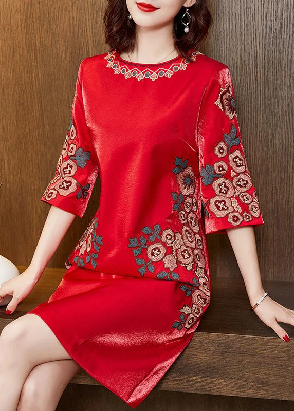 chic dressBeautiful Red O-Neck Print Silk Mid Dress Half Sleeve