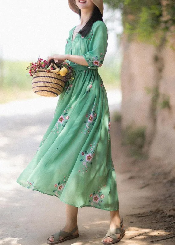 long sleeve dressDIY V Neck Tie Waist Summer Quilting Dresses Wardrobes Green Print Long Dress