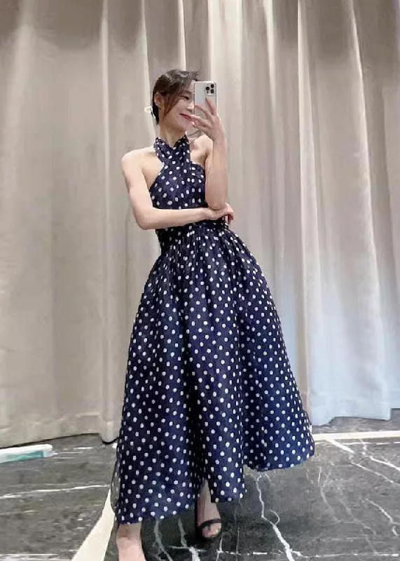 chic shift dressArt Navy Blue Dot Print A Line Dresses Summer