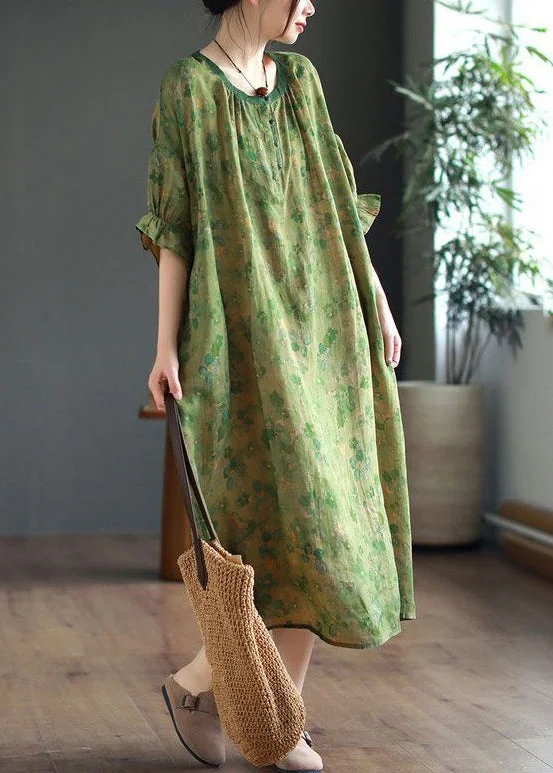 luxury dressVintage Green Ruffled Lace Up Print Linen Dress Half Sleeve