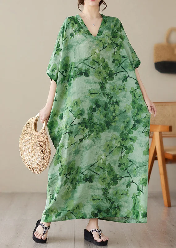 puff sleeve dressVintage Green V Neck Print Maxi Beach Dress Short Sleeve