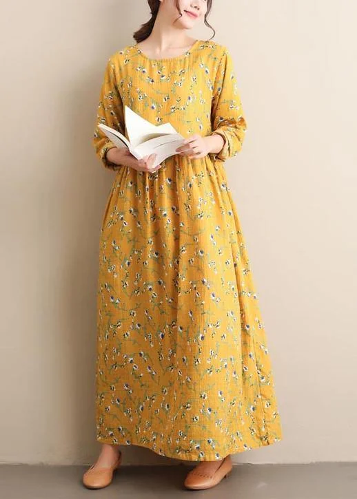 chic shift dressWomen O Neck Cinched Dresses Yellow Print Robe Dress