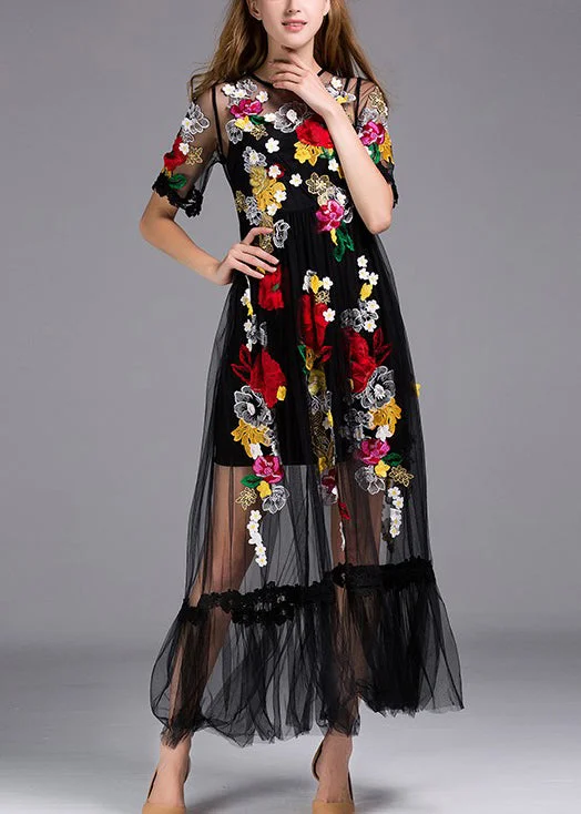 wrap-around dressItalian Black Embroidered Zippered Tulle Long Dress Summer