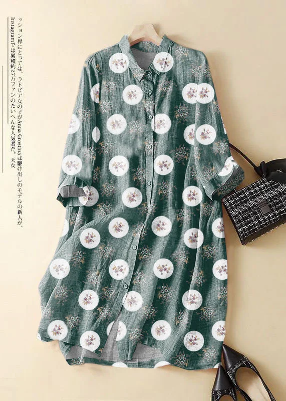 tiered dressFashion green polka dots Embroidered Patchwork Linen Shirt Dress Summer