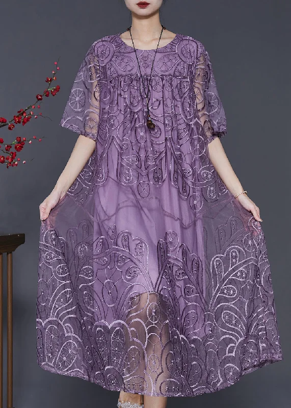 sleeveless dressNatural Purple Embroidered Tulle Long Dresses Summer