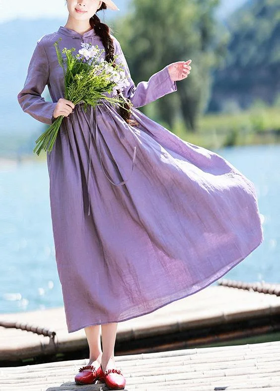 pleated maxi dressBeautiful Stand Collar Patchwork Lace Spring Pattern Shape Purple Plus Size Dress