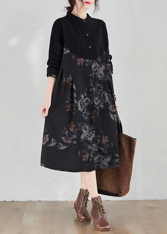 flowy dressFrench Stand Collar Patchwork Spring Tunic Pattern Fabrics Black Print Dress