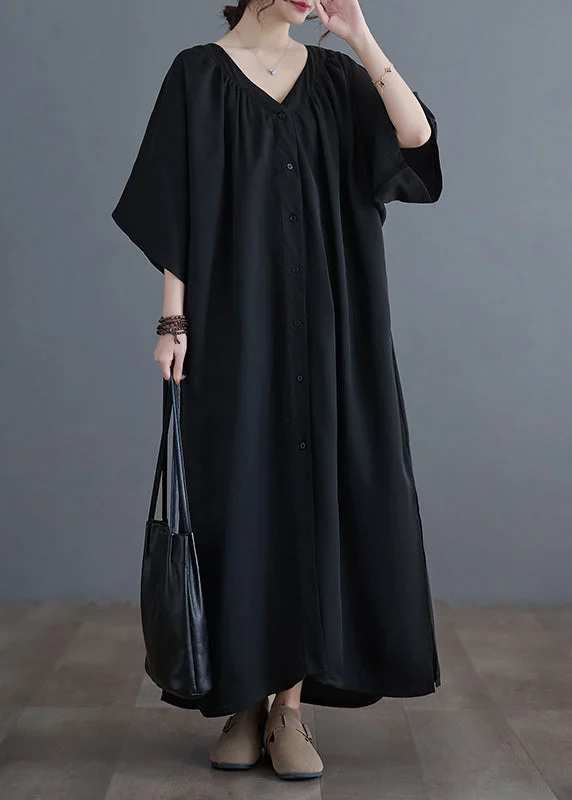 chic dressPlus Size Black V Neck Wrinkled Maxi Dresses Summer