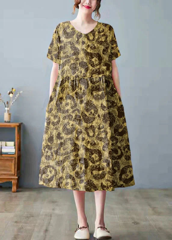 comfy dressBeautiful yellow leopard print bamboo Pockets Print O Neck Dress