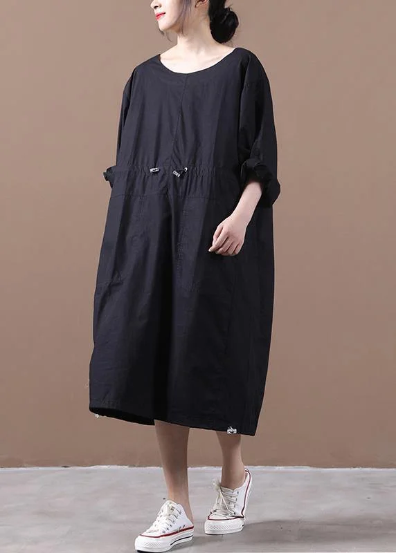 comfy maxi dressElegant black quilting dresses o neck drawstring Kaftan spring Dresses