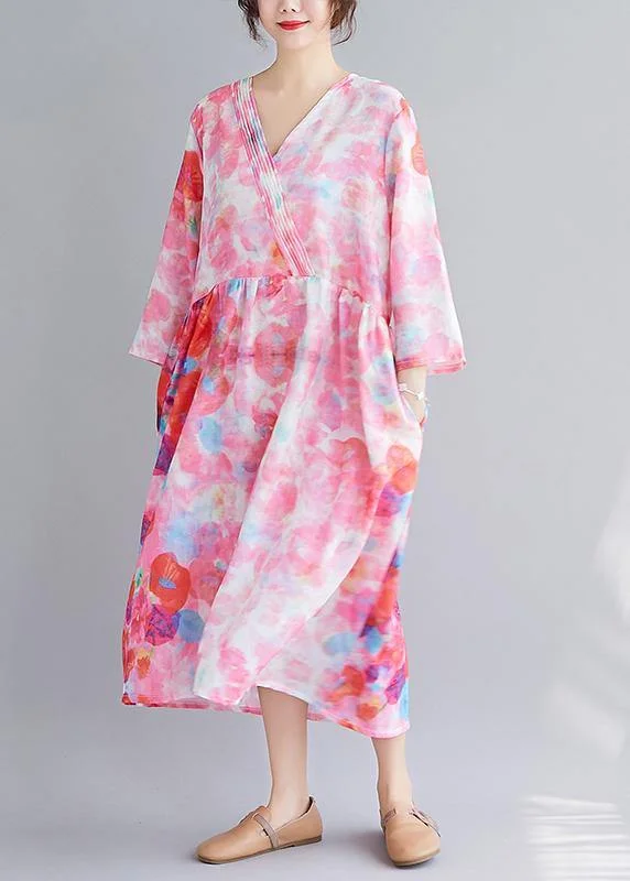 boho-chic dressItalian V Neck Patchwork Spring Tunics Tunic Pink Print Maxi Dresses