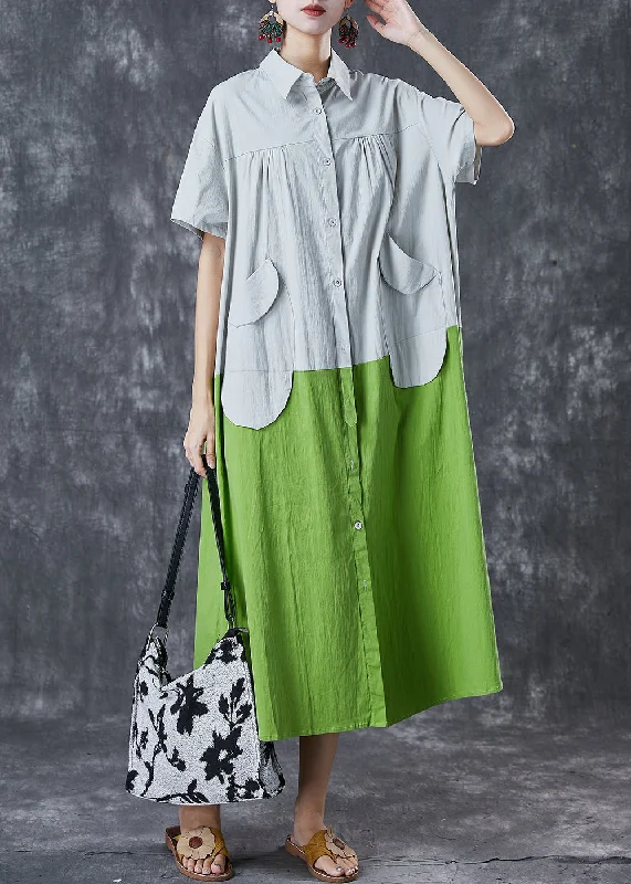 satin midi dressArt White Green Oversized Patchwork Pockets Cotton Shirt Dresses Summer