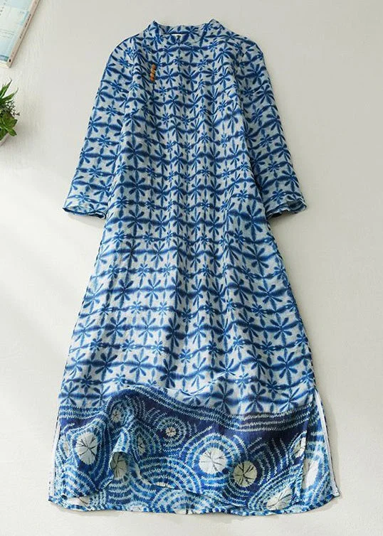 flowy maxi dressChinese Style Blue Button Print Pockets Linen Dresses Half Sleeve