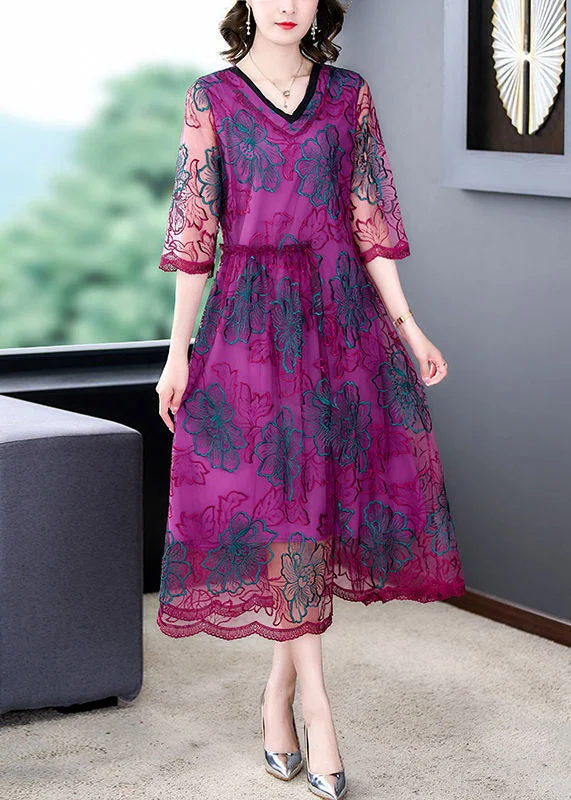 bodycon dressBeautiful Purple Embroideried Ruffled Tulle Dresses Half Sleeve