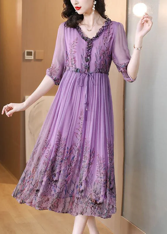 floral dressLoose Purple Ruffled Lace Up Print Chiffon Long Dress Half Sleeve