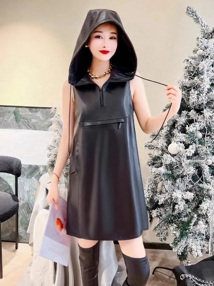 relaxed winter jacketGenuine Leather Sleeveless Hooded Mini Dress