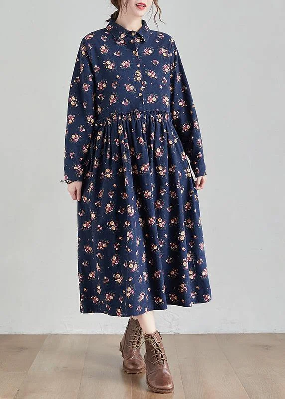 midi dressChic Lapel Cinched Spring Tunics Shape Navy Print Traveling Dress