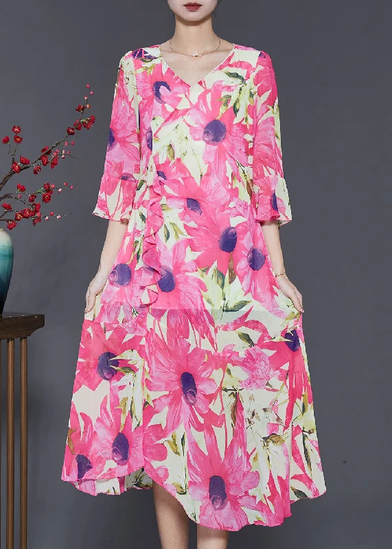 structured dressSilm Fit Pink V Neck Print Chiffon Long Dress Flare Sleeve