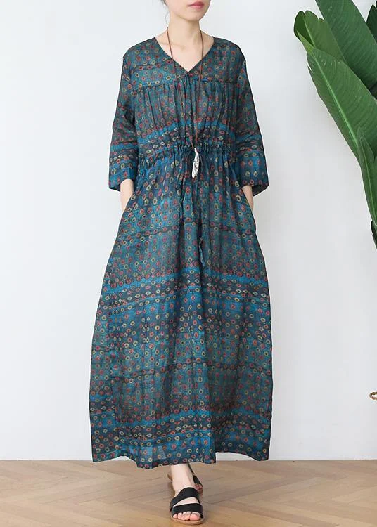 long sleeve dressVintage Green Print Cotton V Necktie Waist Spring Long Dress