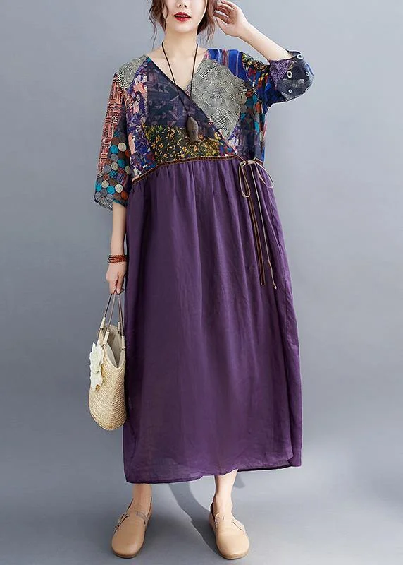 ashionable dressSimple Purple Print Tunic Pattern V Neck Tie Waist Loose Spring Dress