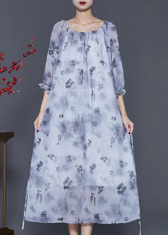 knit dressWomen Grey Print Tie Dye Chiffon Long Dress Half Sleeve