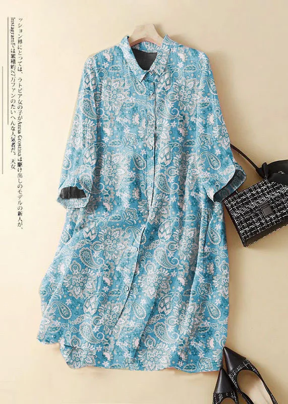 relaxed fit dressFashion blue cashew nuts Embroidered Patchwork Linen Shirt Dress Summer