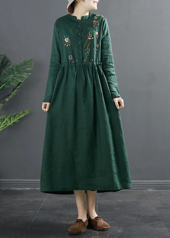 casual knit dressWomen Green Embroidery Long Shirts Drawstring Dresses