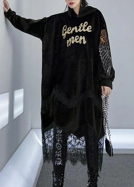 layered dressWomen patchwork lace alphabet pattern Catwalk black hooded Maxi Dress