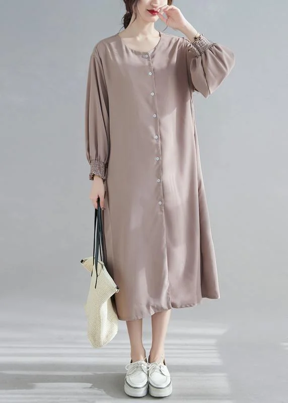 v-neck dressNatural O Neck Lantern Sleeve Spring Clothes Women Photography Brown Long Dress