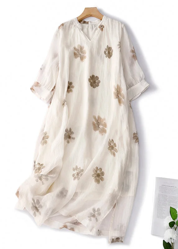 comfy dressRetro Apricot V Neck Print Linen Long Dresses Summer