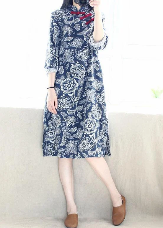 casual shift dressFrench Blue Folk Style Quilting Dresses Stand Collar Side Open Maxi Dresses