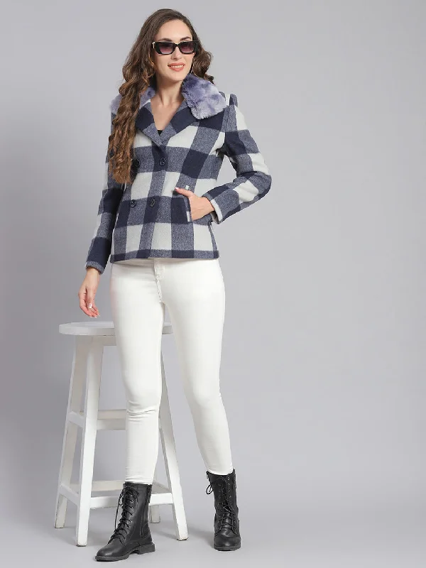 lightweight outerwearWomen Blue Check Collar Full Sleeve Coats