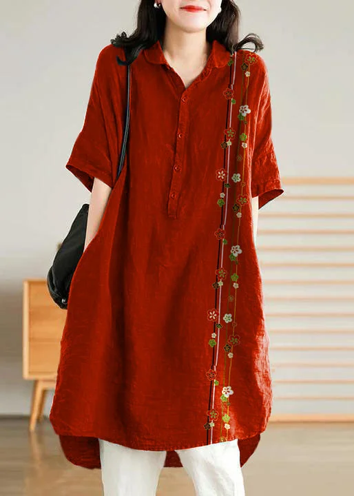 lace-up dressJade  red flower Linen Women Casual Linen Shirt Dress