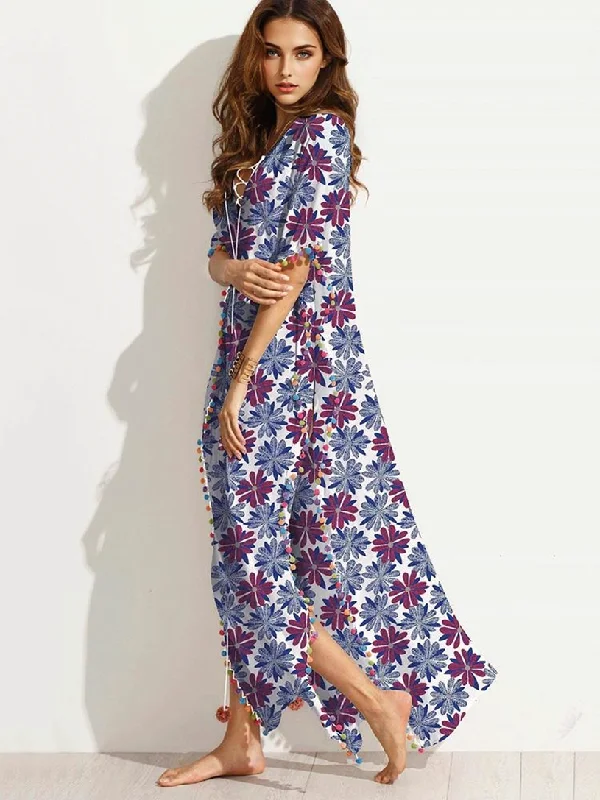 romantic dressJuliaFashion-Eyes On You Floral Pom-Pom Maxi Dress