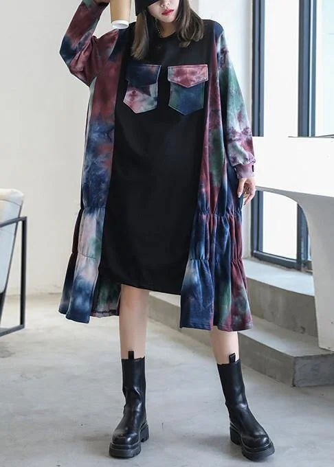 long sleeve dressNatural black patchwork print dresses o neck asymmetric Traveling fall Dress