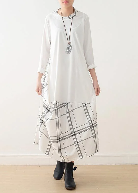 v-neck dressNatural o neck patchwork cotton outfit pattern white long Dress