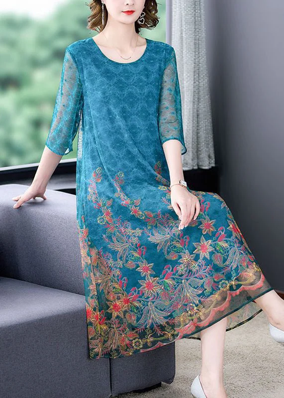 casual knit dressLoose Blue O Neck Print High Waist Tulle Dresses Half Sleeve