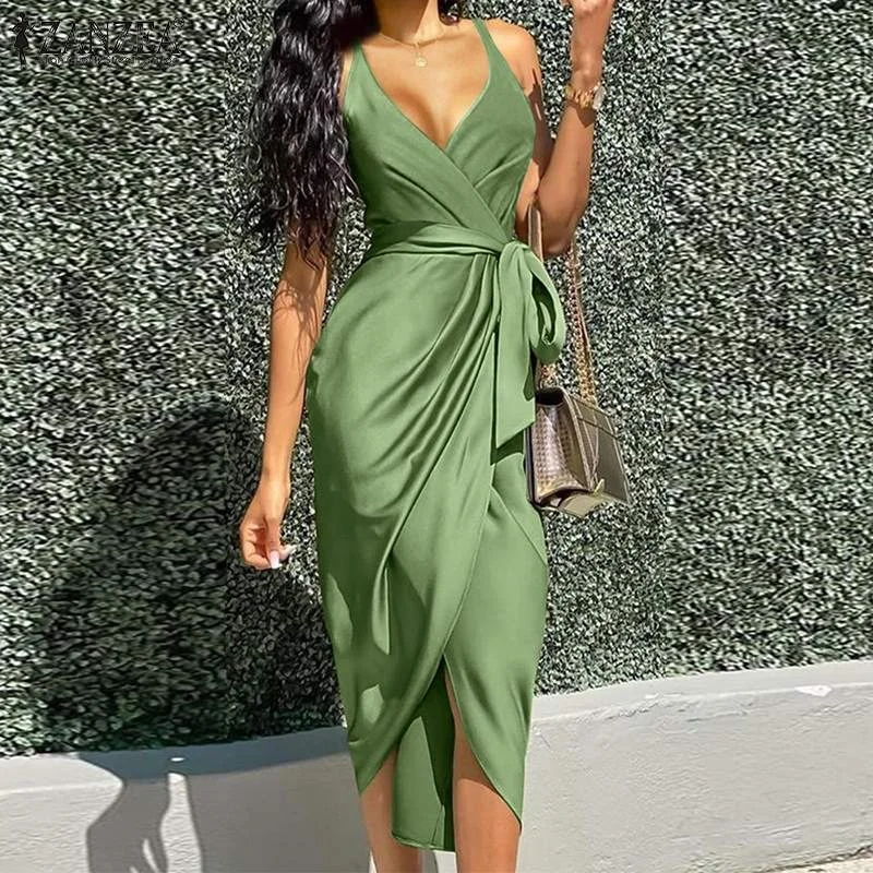 minimalistic dressJuliaFashion - 2024 V-Neck Slip High Waist Satin Midi Dresses