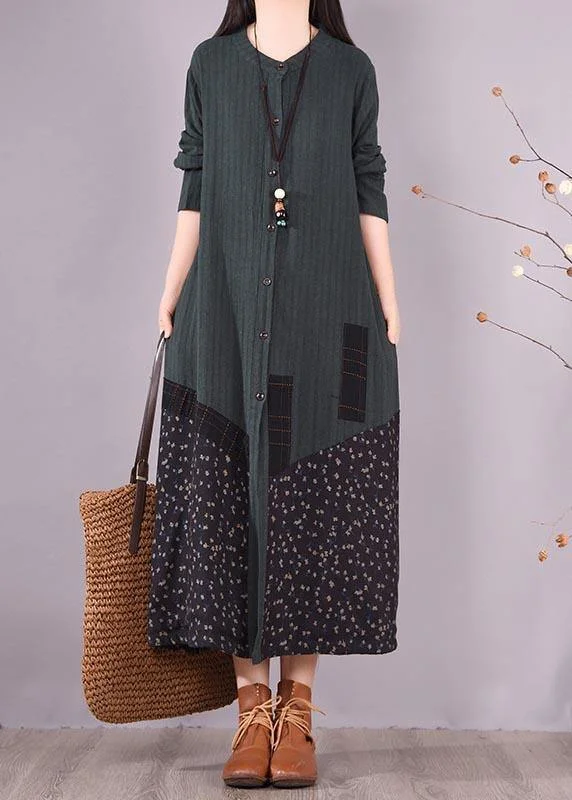 silk dressLoose O Neck Pockets Spring Clothes Design Blackish Green Patchwork Print Dresses