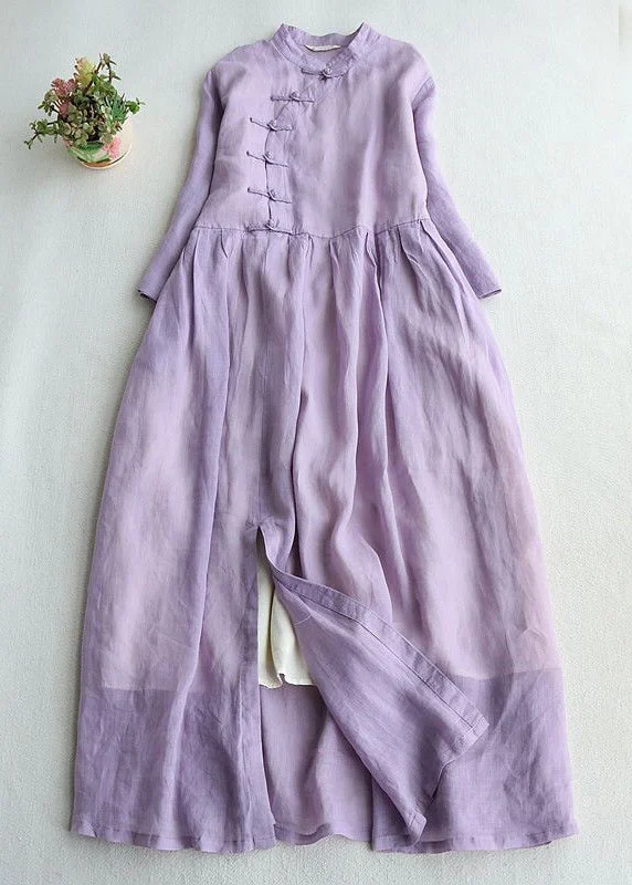 pleated dressNew Purple Button Side Open Cotton Long Dresses Bracelet Sleeve