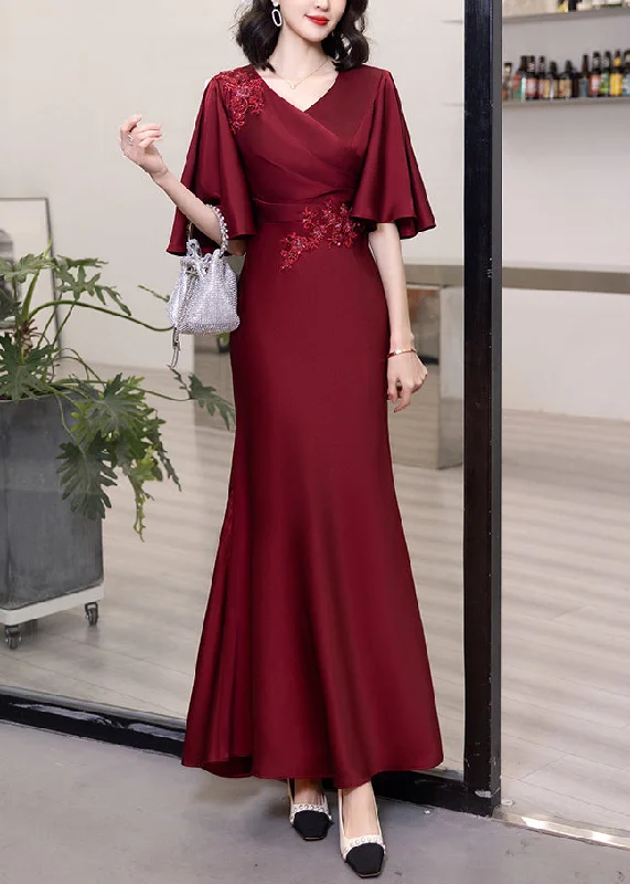 casual slip dressClassy Wine Red V Neck Embroidered Cotton Long Dresses Butterfly Sleeve