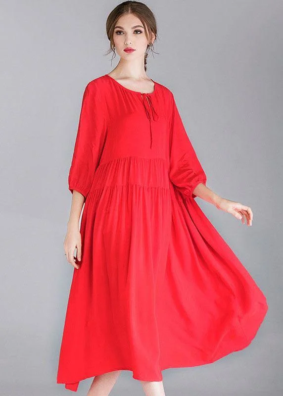 fitted dressRed Loose Wrinkled Spring Holiday Dress Three Quarter Sleeve