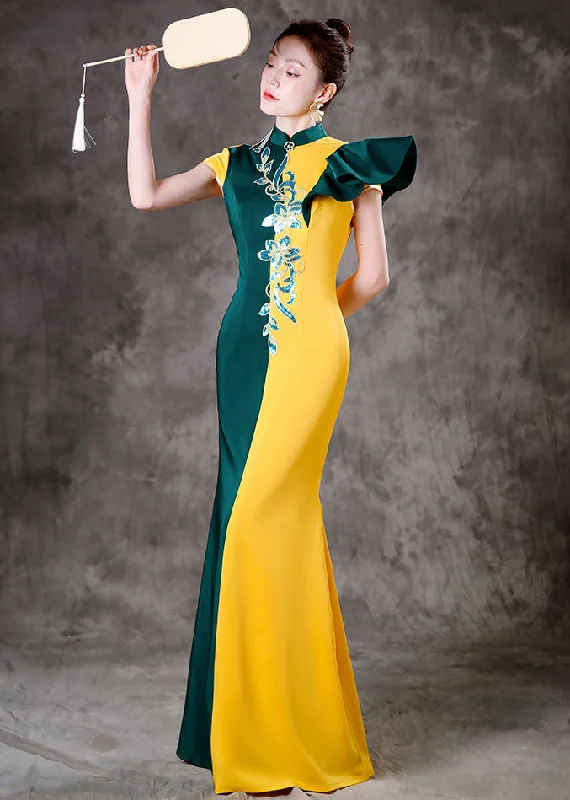 minimalistic dressClassy Yellow Green Colorblock Asymmetrical Ruffled Silk Party Long Dress Short Sleeve